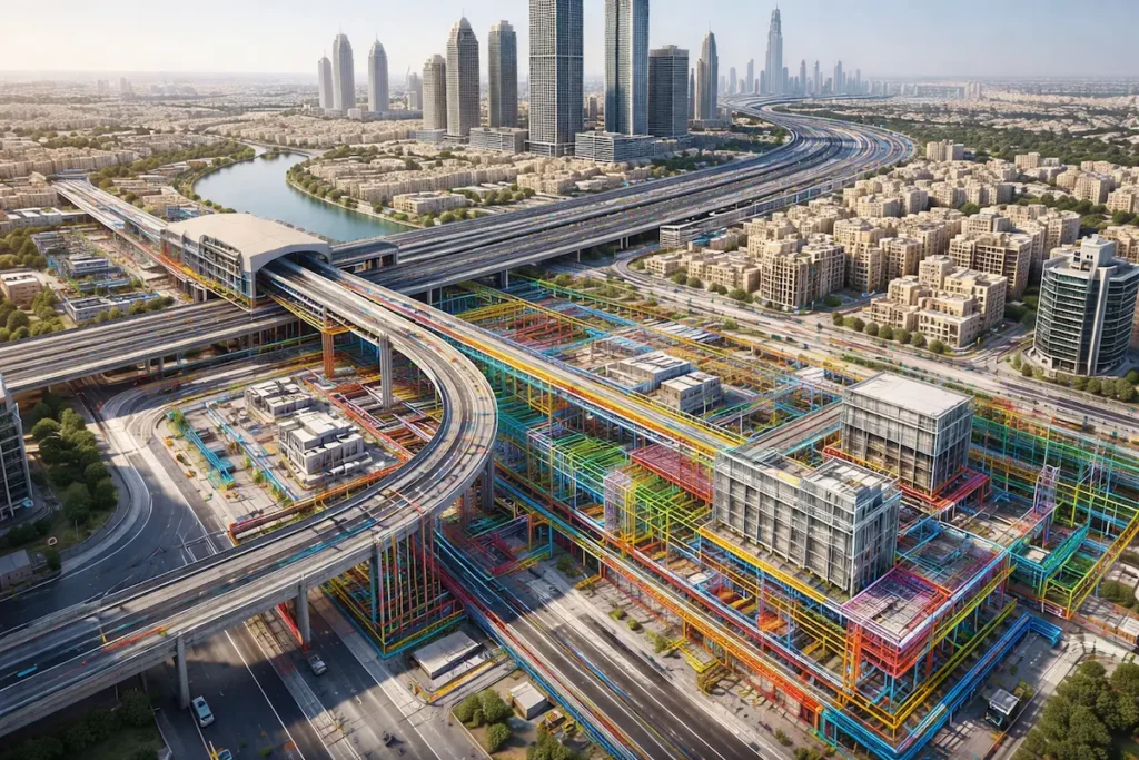 BIM modeling for UAE infrastructure showing layered structural and utility systems in construction project