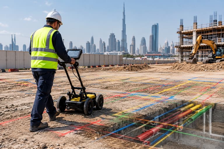 utility survey beneath city skyline
